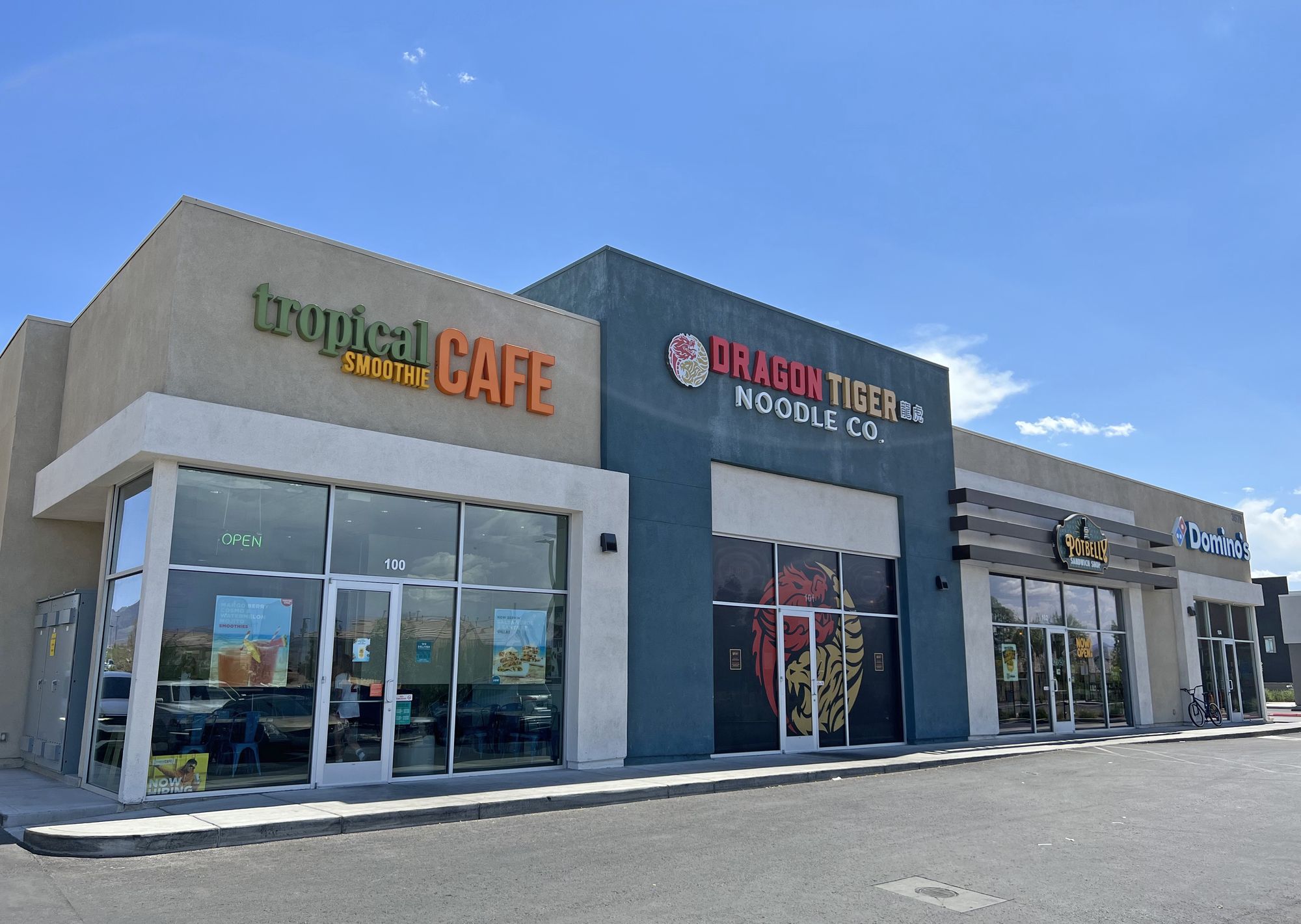 Completed retail center with Tropical Smoothie Cafe and Dragon Tiger Noodle Co.