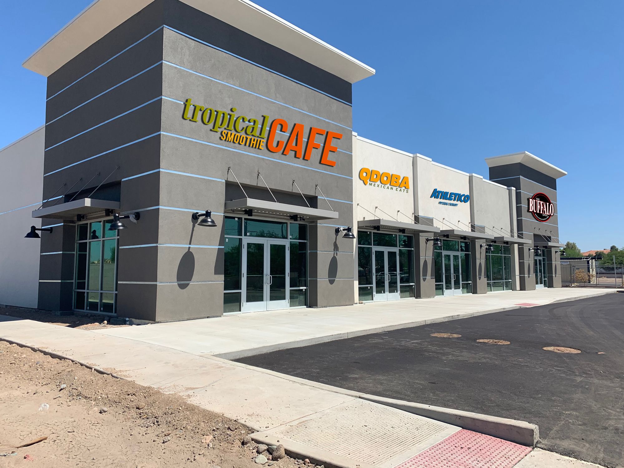 Ground-up retail center housing Qdoba and Tropical Smoothie Cafe, built by Cardo Construction in Las Vegas